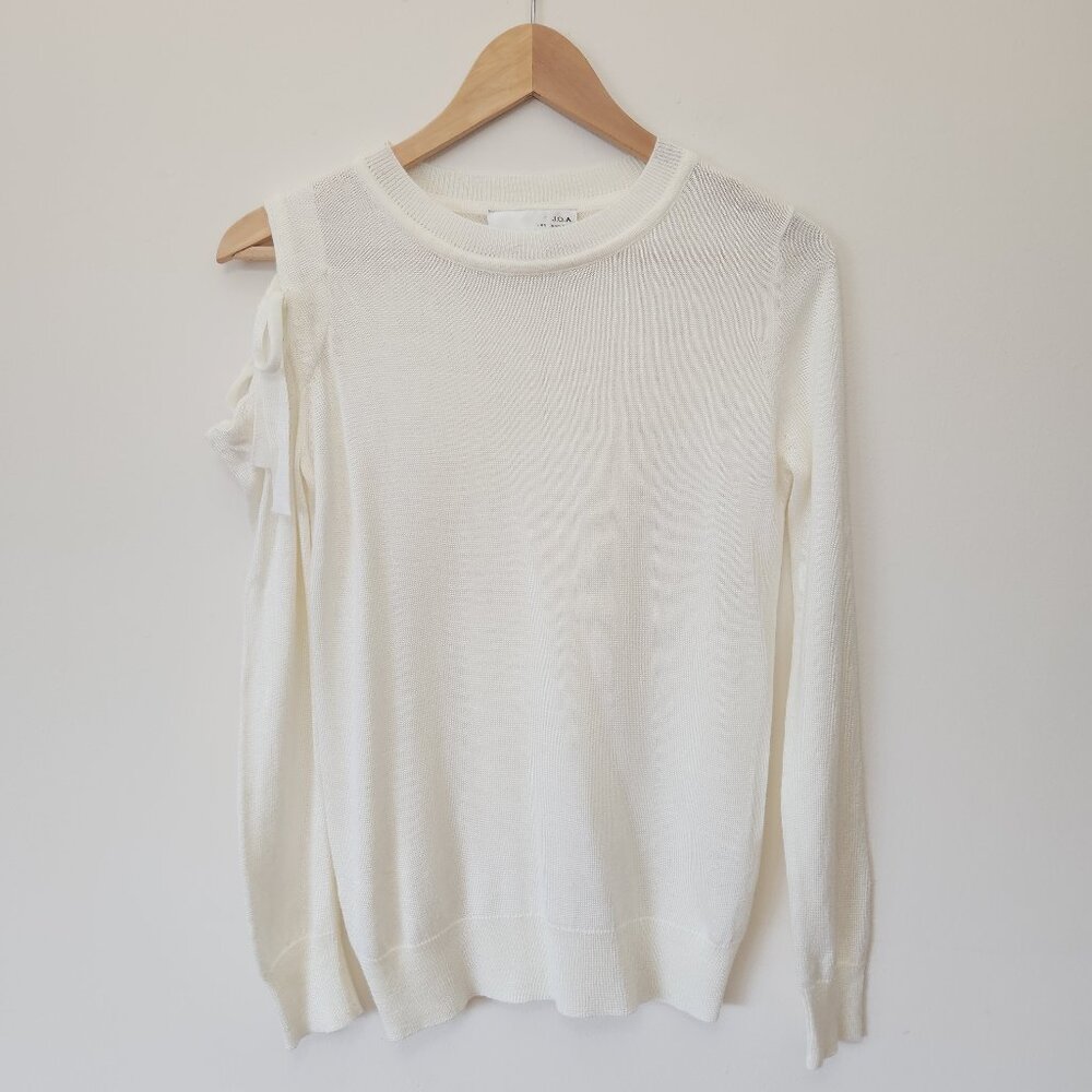 J.O.A. Los Angeles Sweater Women Ivory White One Side Cold Shoulder Bow Tie XS